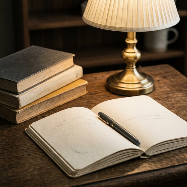 A desk lamp over an open notebook and a stack of books