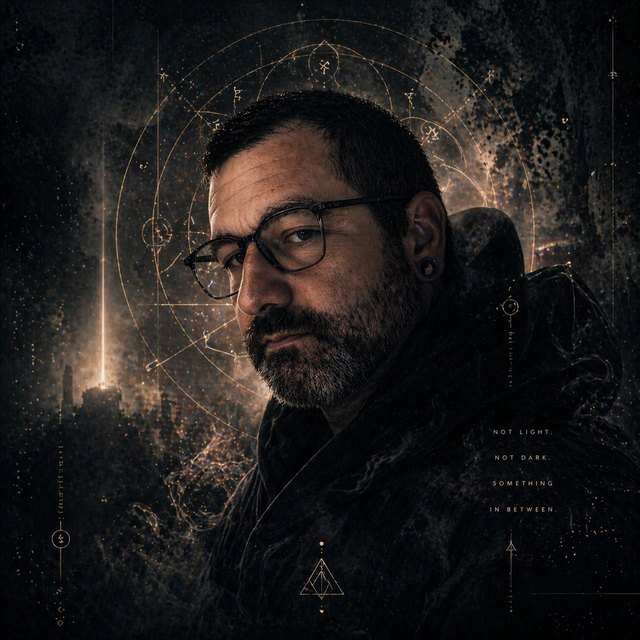 A portrait with the words: not light, not dark, something in between