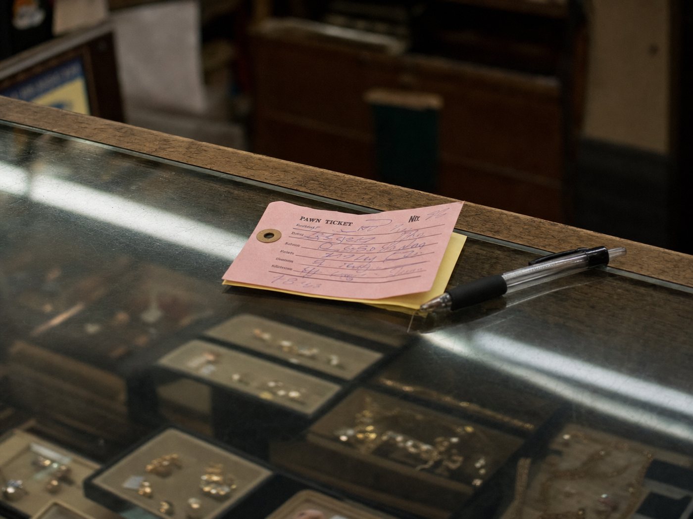 A pink pawn ticket and a pen on a glass display case.