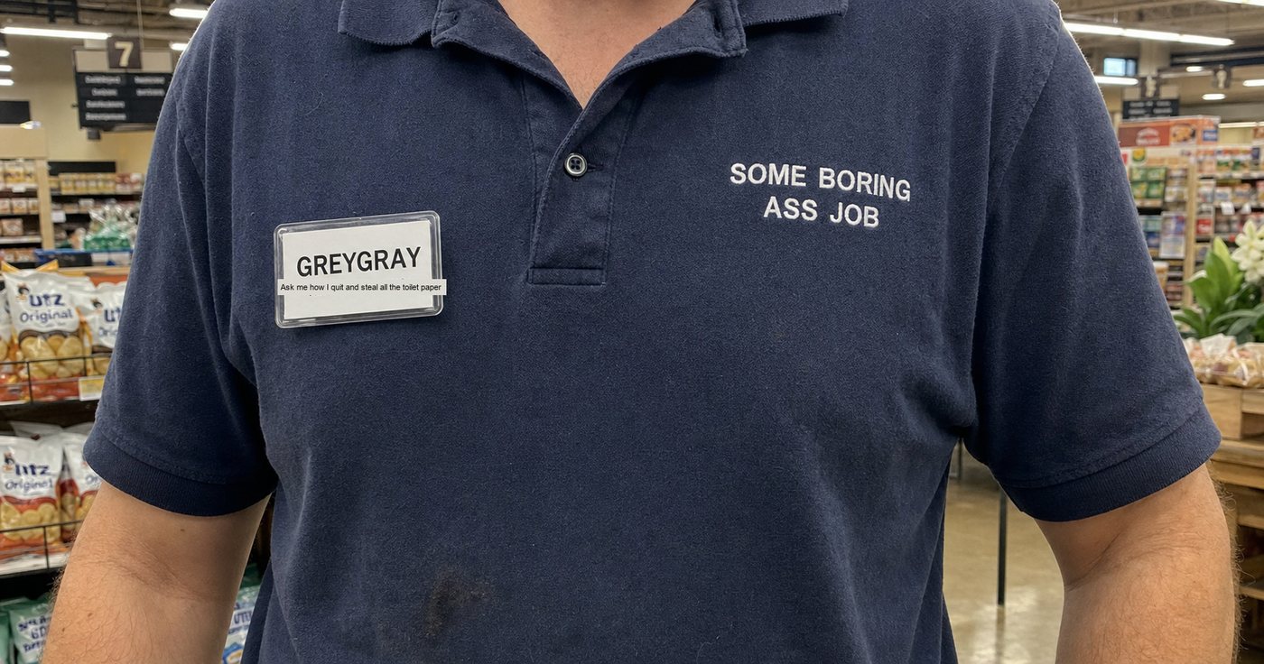 A dark polo shirt with a name tag that reads GREYGRAY.