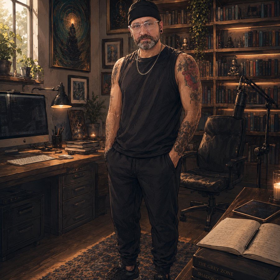 Greygray in an illustrated creator's workspace: black cap, clear-frame glasses, beard and chain, with library shelves, a computer, a microphone and a notebook around him.